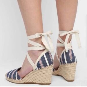 Sam Edelman Patsy Wraparound Espadrille Wedge Sandals Blue Beige, Size 6